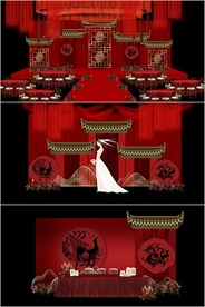 中式喜庆红色婚礼舞台效果图