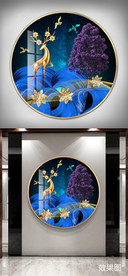 金色麋鹿意境抽象山水晶瓷画