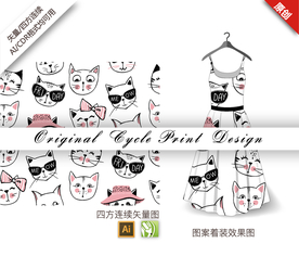 可爱手绘猫四方连续