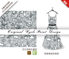 卡通线描太空四方连续