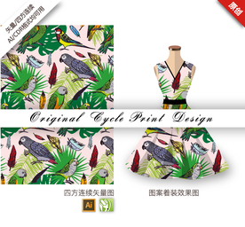 手绘喜鹊棕蒲四方连续