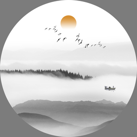 中式山水 圆形水墨树林山水画