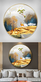 山水新中式圆形玄关画