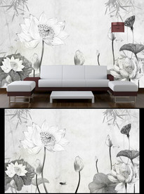 中式荷花竹子电视背景墙