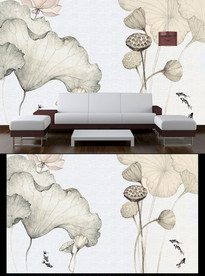 中式荷花电视背景墙