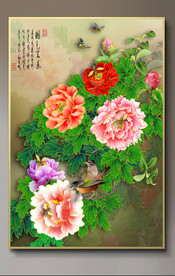 原创高清牡丹花鸟玄关挂画装饰画