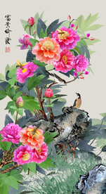 原创高清牡丹花鸟玄关装饰画