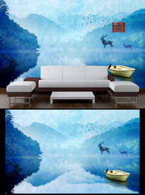 水彩麋鹿背景墙