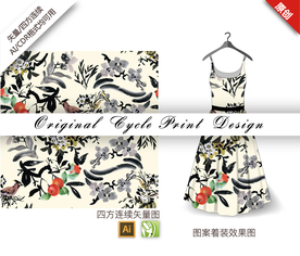 传统中国风花鸟国画四方连续