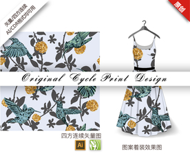 矢量喜鹊菊花四方连续