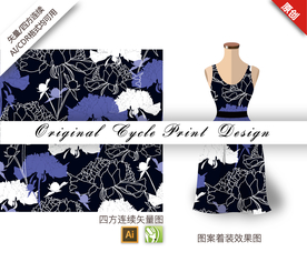 矢量线描睡莲涂色四方连续