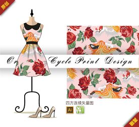 传统玫瑰老虎四方连续