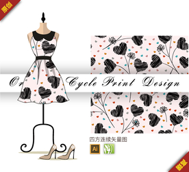 抽象线描爱心四方连续