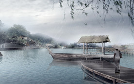 湖面小船泛舟效果图