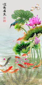 原创玄关高清荷花鲤鱼装饰画壁画