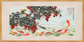 原创手绘鲤鱼花果装饰画背景墙