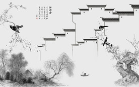 徽派背景墙山水画 tif分层