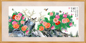 原创手绘高清牡丹花鸟装饰画壁画