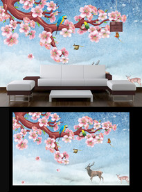 桃花飞鸟电视背景墙