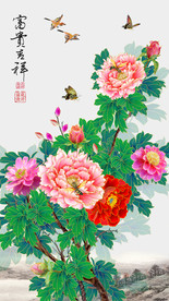 原创手绘高清牡丹玄关装饰画壁画