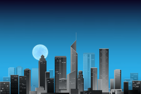 城市天际线建筑与月亮蓝色矢量图