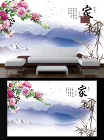 山水牡丹电视背景墙