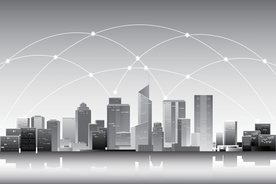 灰度城市天际线建筑与点线连接