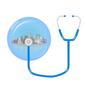 矢量图气泡里的蓝色背景城市听诊