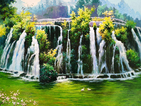 瀑布油画