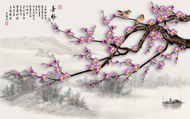 原创手绘梅花山水画背景墙