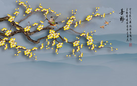 原创高清手绘梅花喜鹊背景墙