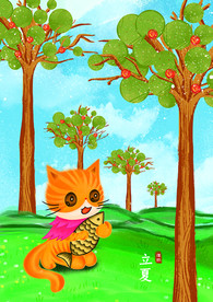 卡通插画猫卡通插画树手绘猫手绘