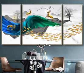 北欧轻奢麋鹿发财鹿三联装饰画