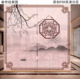 新中式花鸟画垂帘隔断卷帘