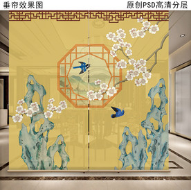 新中式花鸟画垂帘隔断卷帘