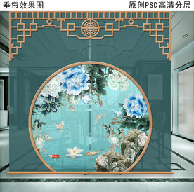 新中式花鸟画垂帘隔断卷帘