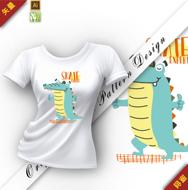 矢量原创可爱鳄鱼滑板插图图案