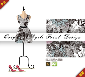 传统线描向日葵四方连续