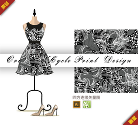 传统线描羊蹄甲四方连续