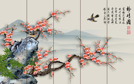 原创手绘梅花花鸟装饰画背景墙