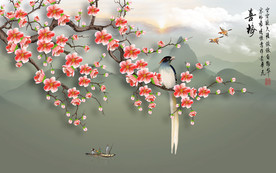 原创高清手绘梅花喜鹊装饰背景墙