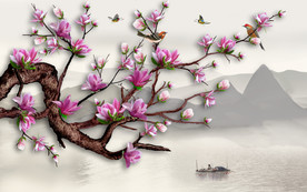 原创高清玉兰花鸟山水装饰画壁画