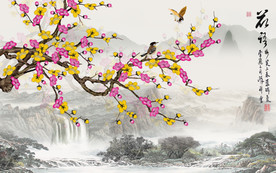 原创手绘梅花花鸟山水装饰画