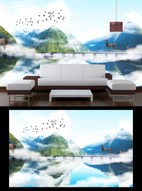 山水麋鹿背景墙