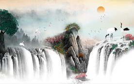 原创手绘中式山水背景墙