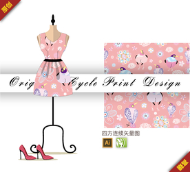 可爱创意鸟类花卉四方连续