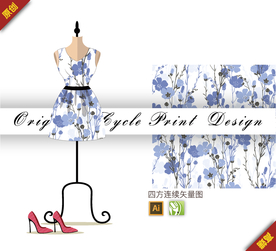 淡雅海滩报春花四方连续