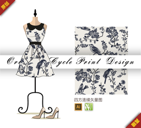 传统单色绣球花喜鹊四方连续