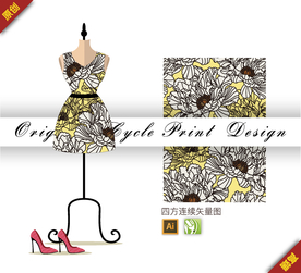 矢量线描芍药四方连续