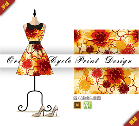 矢量火热红色金花茶四方连续